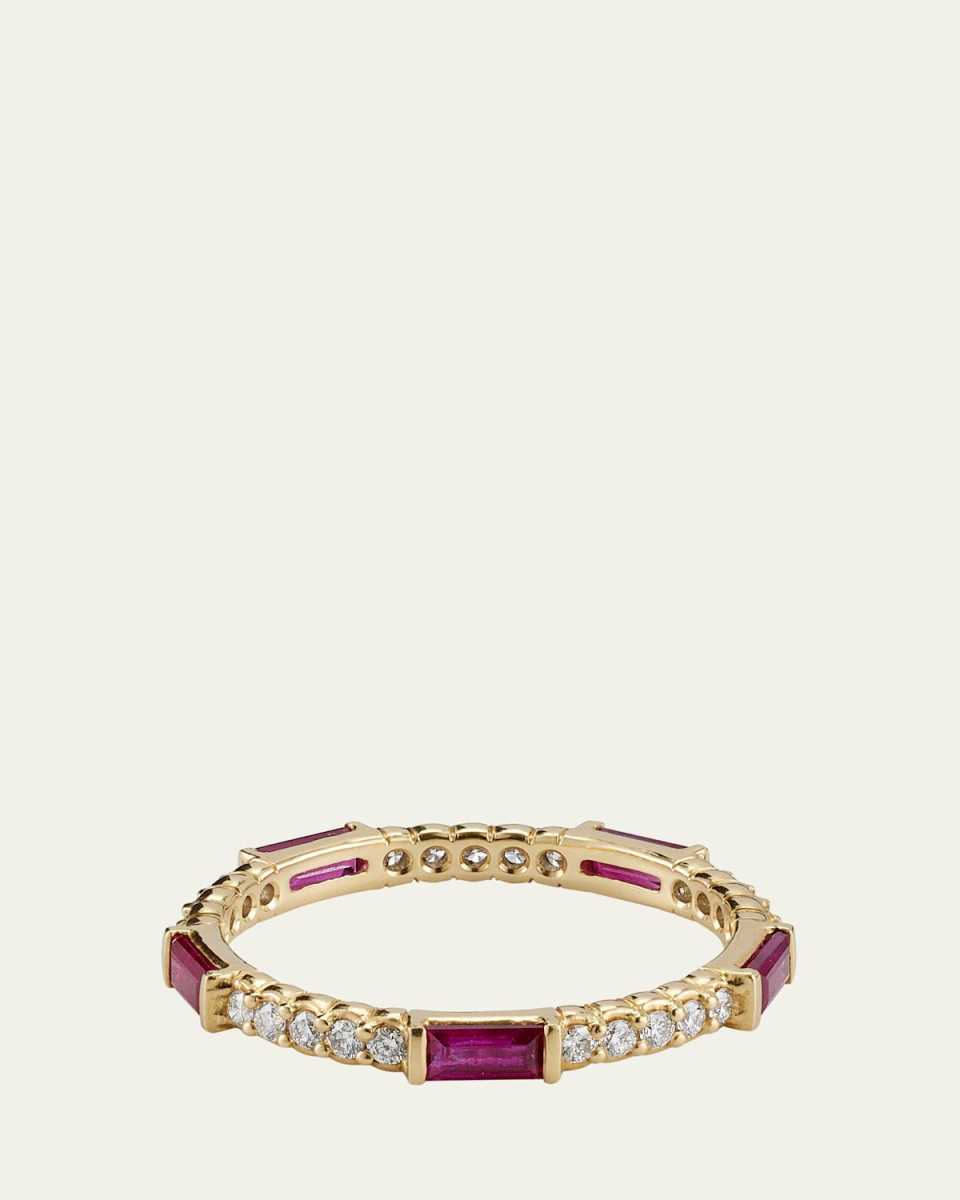 Ruby & Diamond Pinpoint Baguette Ring in 18K Gold, Size 6.5